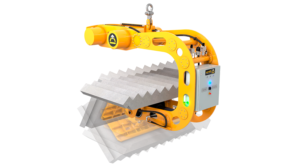 Aerolift T-series 180° vacuum tilter for demoulding, lifting, and rotating precast concrete elements.