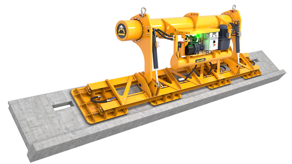 Aerolift T-series 90° vacuum tilter for demoulding, lifting, and rotating precast concrete elements.